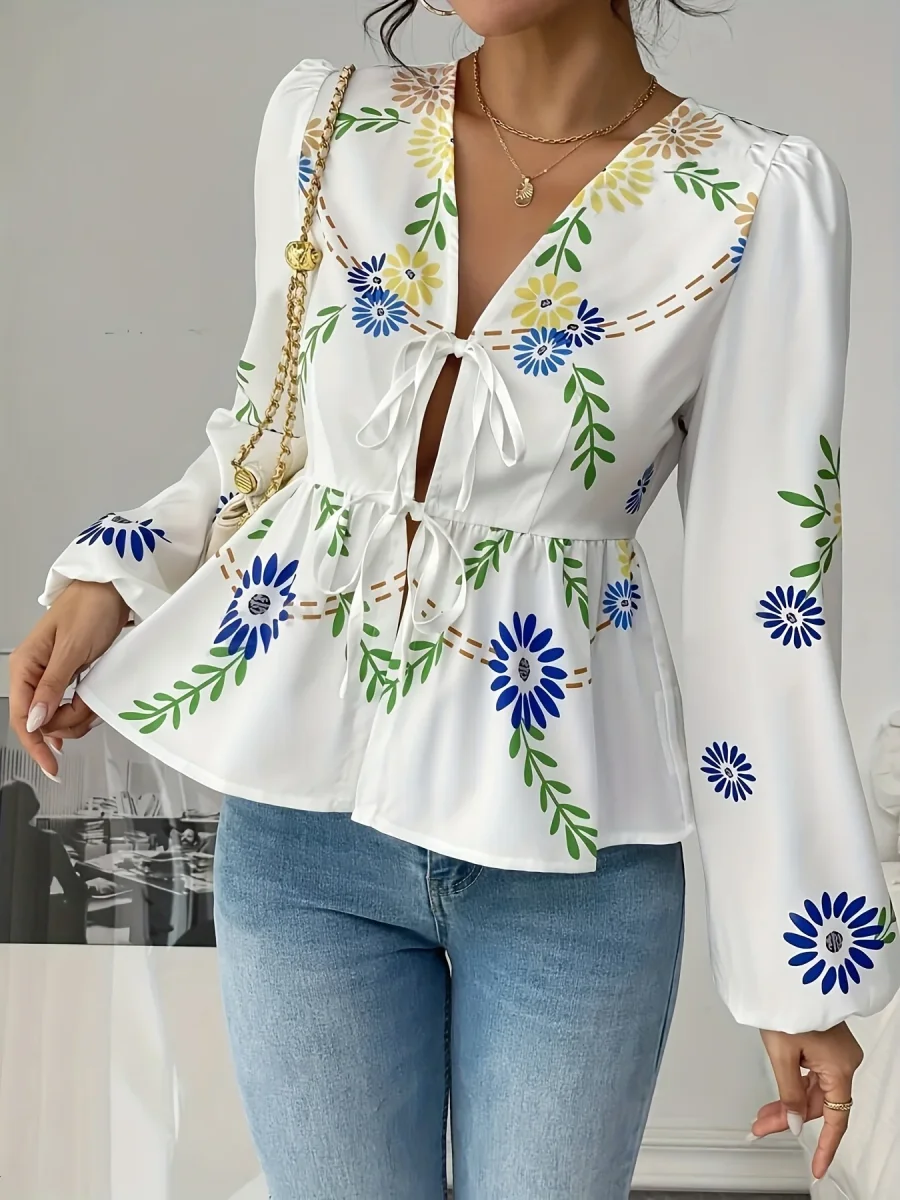 Floral Print V-Neck met Lantern Sleeves Dames Blouse | Duurzaam - Must-Have - Stijlvol & Comfortabel - Lente/Zomer/Herfst - Afbeelding 3