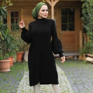 Tuniek trui jurk lang met ballonmouw | Zwart
