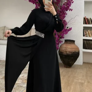 Jurk met riem lang feestjurk Crepe | Zwart