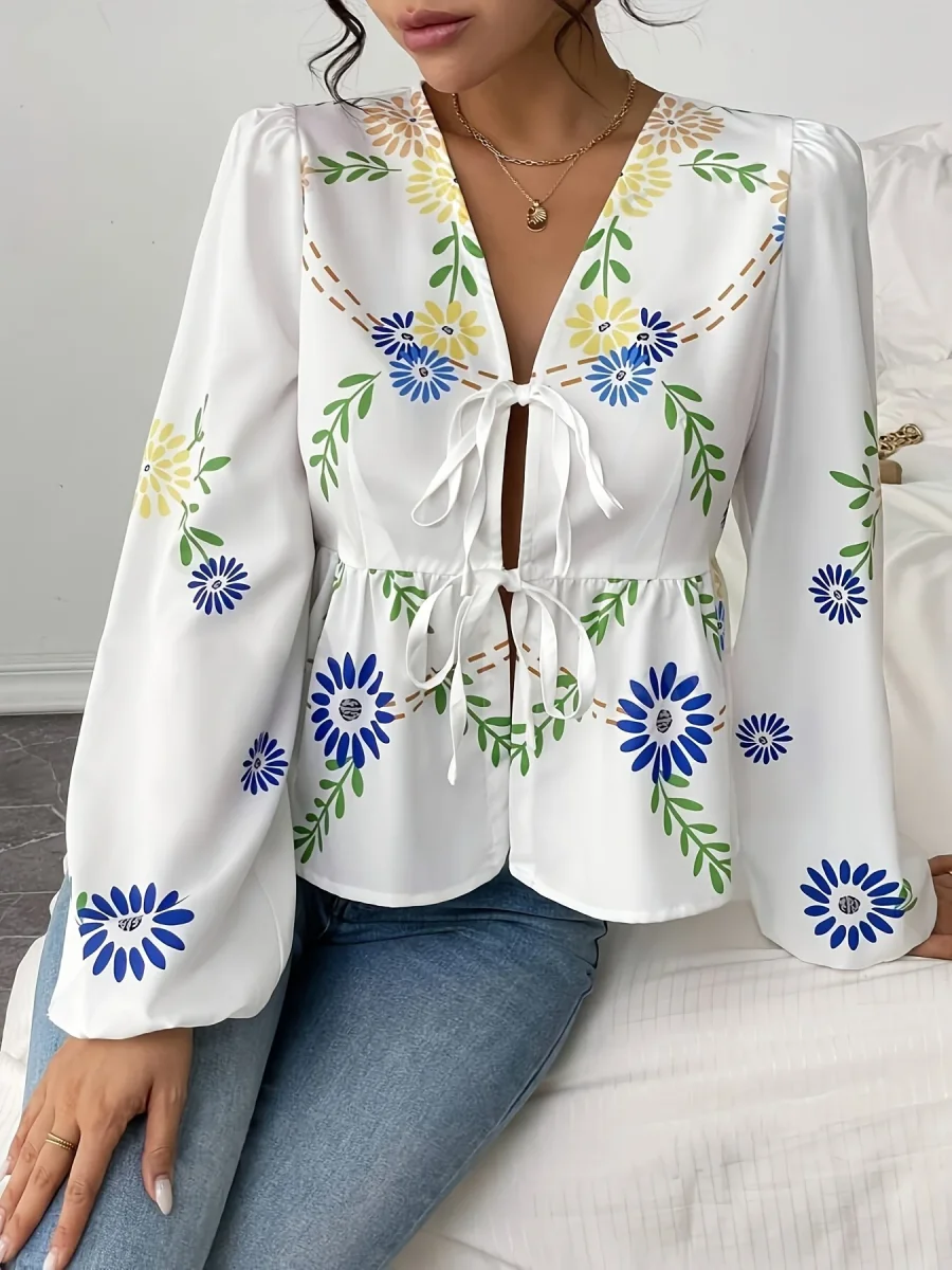 Floral Print V-Neck met Lantern Sleeves Dames Blouse | Duurzaam - Must-Have - Stijlvol & Comfortabel - Lente/Zomer/Herfst - Afbeelding 5